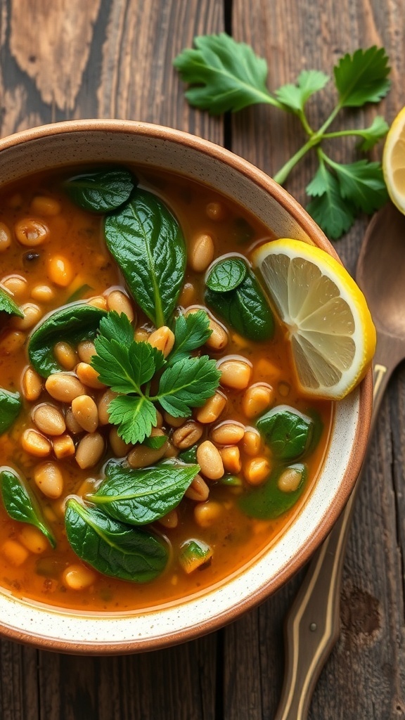 A bowl of lentil and spinach soup with parsley and lemon on a rustic table.